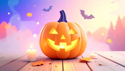 Halloween Pumpkin with Candles and Bats on Wooden Table