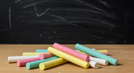 A closeup shot of a pile of colorful chalk sticks scattered on a wooden table in front of a blurred blackboard