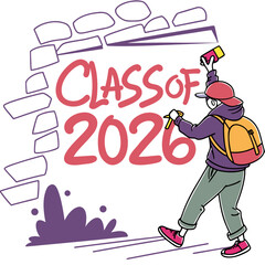 Student paints class of 2026 graffiti on a brick wall with spray paint
