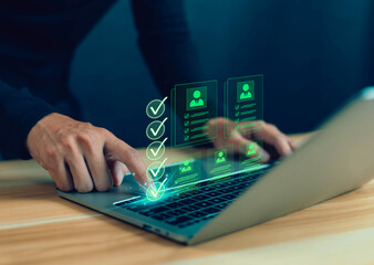 Businessman working on computer using laptop. Concept of business performance tracking and...