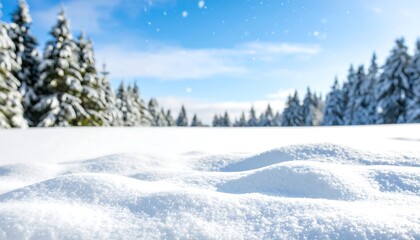 Snowy landscape with blurred evergreen trees