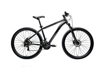 An elegant dark mountain bike stands out with its sleek design against a stark black backdrop, showing cycling adventure.
