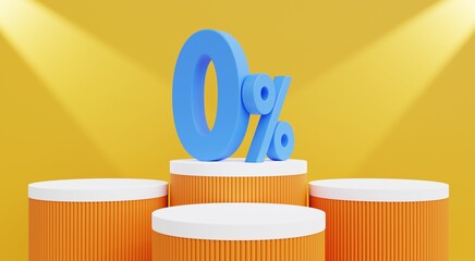 Orange and white podium, orange background with neon lights for advertising a zero percent discount promotion, 3d illustration
