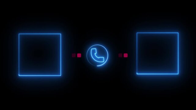 Neon call recording visual effect animation on alpha background, glowing squares with phone icon for two-person conversation on black background.