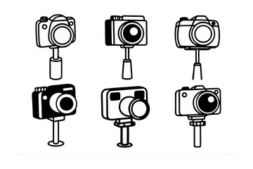 A collection of six hand drawn black and white illustrations of various camera types mounted on small tripods