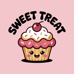 Smiling cupcake with cherry and sweet treat message, pastel style ideal for sticker design, card or bakery themed tshirt printable  