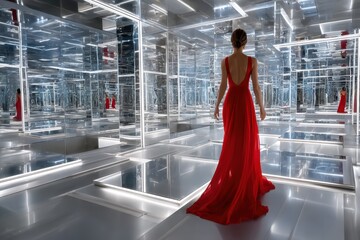 Elegant woman in red gown explores a dazzling mirror maze in a modern setting during the evening