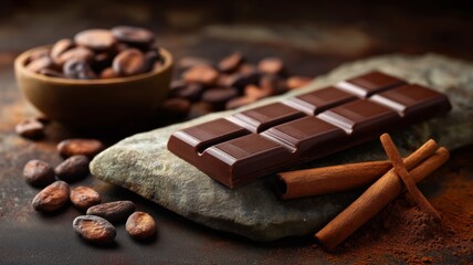 A dark chocolate bar sits on a stone surrounded by cocoa beans and cinnamon sticks.