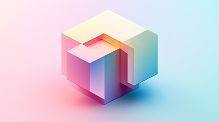 Abstract geometric shapes forming a 3D cube, pastel colors, soft gradients, minimalistic design.