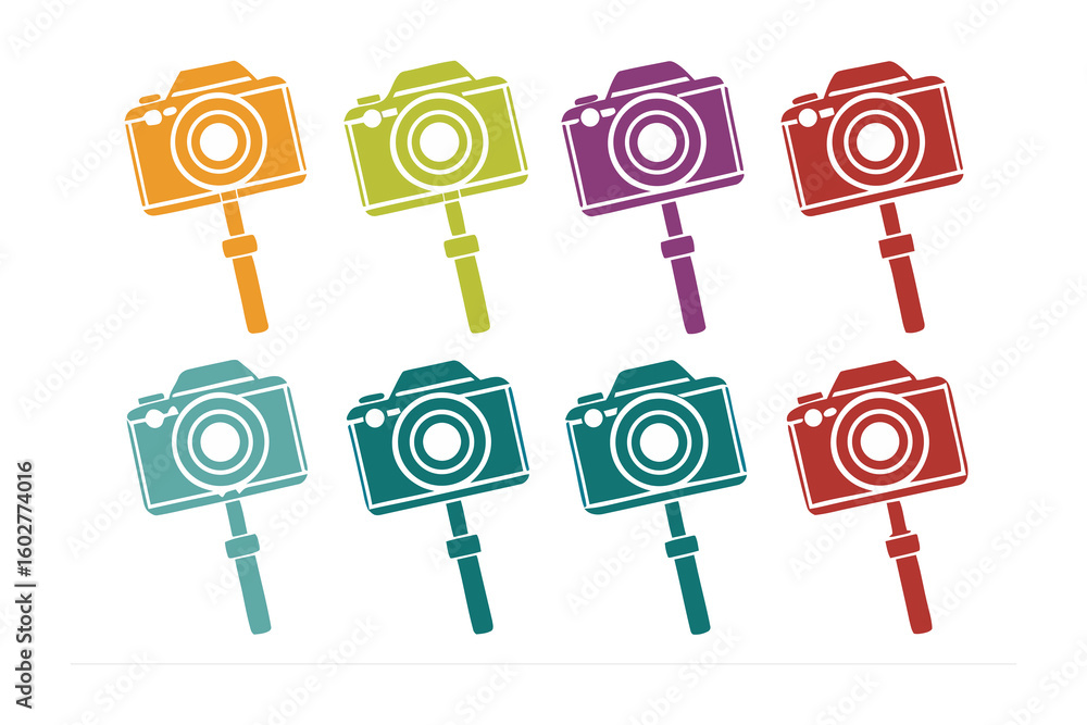 Poster collection of eight colorful camera icons on sticks representing various photography themes and crea