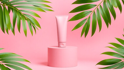 A pink tube on a pink pedestal surrounded by green leaves against a pink background studio shot