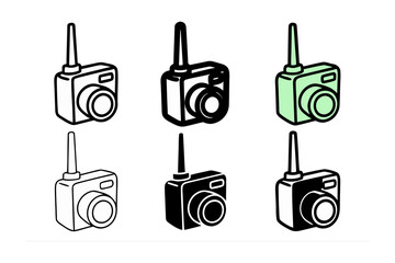 A collection of six hand drawn illustrations of vintage cameras in various styles and colors
