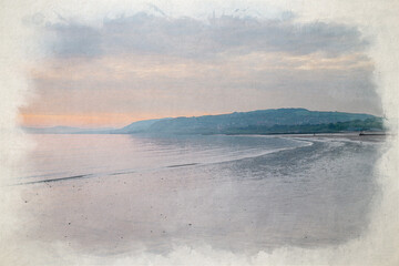 Digital watercolour illustration of the Rhos-on-Sea beach and seafront at low tide.