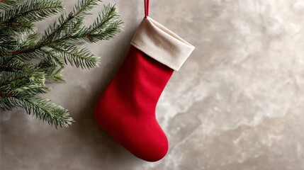A red stocking sits on a tree branch