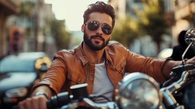 Bearded man in leather jacket on motorcycle outdoors. Great for motorcycle gear marketing and adventurous lifestyle brand campaigns.
