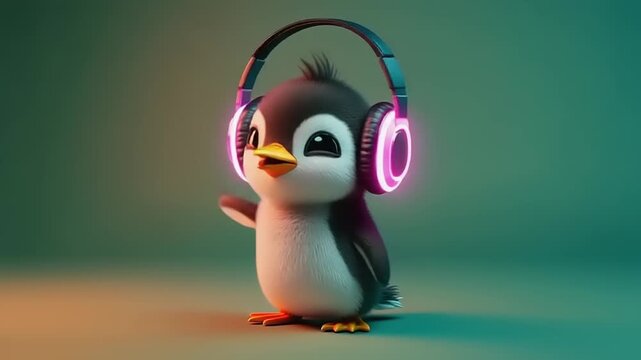 Playful cartoon penguin with glowing headphones. Standing on a surface, background is gradient color