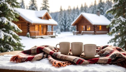 Cozy winter scene with snow-covered cabins and cups of warm drink