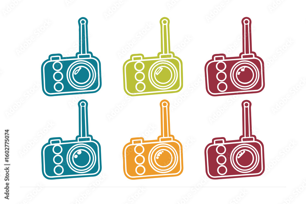 Poster a vibrant collection of six retro style walkie talkie icons in a grid formation each with a unique b