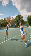 Pair of women engaged in competitive basketball on an outdoor court under a clear sky. Concept of...