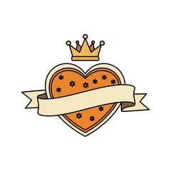 Stylized Vector Illustration of Orange Heart with Crown and Blank Ribbon on White Background in Emblem or Tattoo-Inspired Design