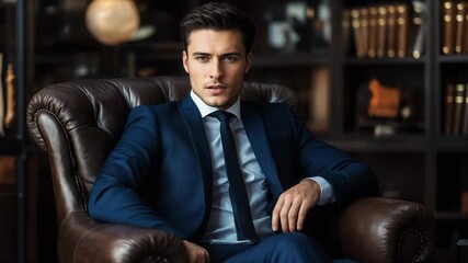 Professional businessman in navy suit seated in luxury office environment. Excellent for corporate and executive marketing campaigns.