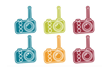 A vibrant collection of six retro style walkie talkie icons in a grid formation each with a unique bright color
