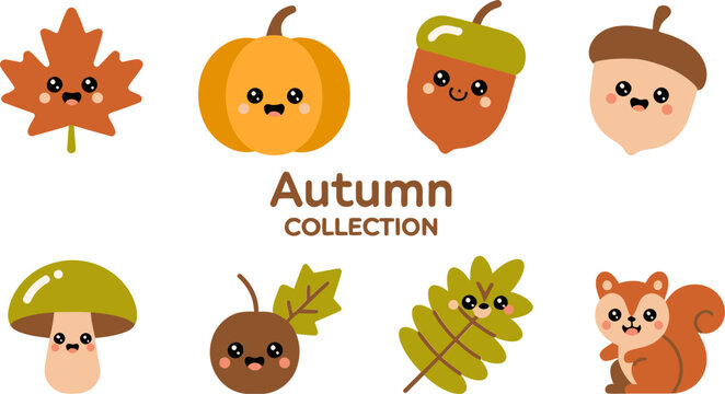 Autumn collection of pumpkins, animals and nature faces in kawaii style, ideal for sticker set or themed invitation card  