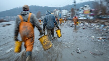 Beautiful Nature Blurred in Background While Crew Cleans Up Plastic Waste