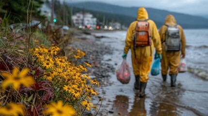 Team of Volunteers Collecting Waste at Scenic Nature Reserve Shoreline