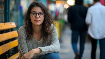 Young woman with glasses sitting thoughtfully on urban bench. Great for education and contemplative lifestyle marketing content.
