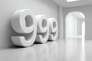 Sleek white hallway with large 999 numeric sculptures reflecting minimalist design