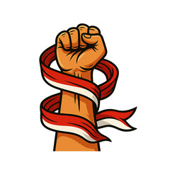 Illustration of a raised fist wrapped in flowing red and white ribbon