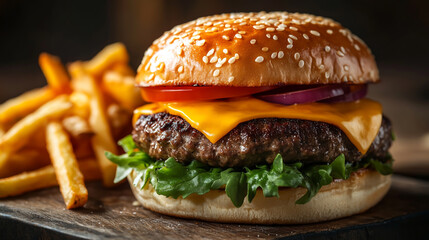 American cheeseburger with crispy fries, sesame bun, melted cheddar, juicy beef patty, studio lighting.