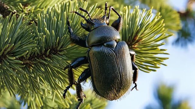 Dark beetle on pine branch