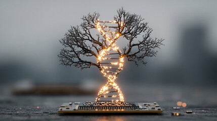 Glowing DNA Tree Emanating from a Processor Chip in a Futuristic Biotech Landscape