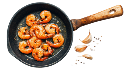 Garlic Shrimp Scampi in Pan with Wooden Handle View