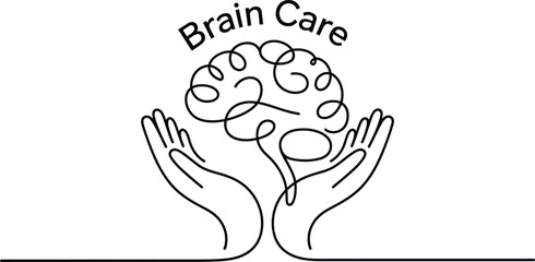 Black line art brain care concept with hands supporting brain symbol