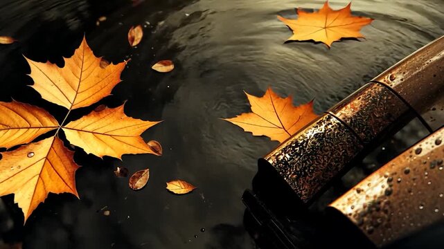 Autumnal puddle, fallen leaf