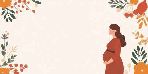 Illustration of a Pregnant Woman in Autumn-Themed Frame with Copy Space