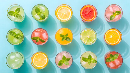 Assorted colorful fruit drinks with mint and ice beverage