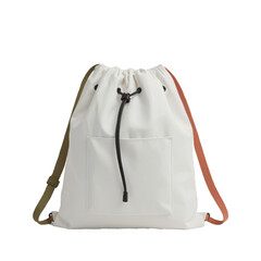 Minimalist White Drawstring Backpack with Olive Green Strap on Plain Studio Background