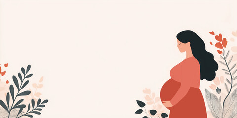 Illustration of Pregnant Woman in Floral Setting with Copy Space