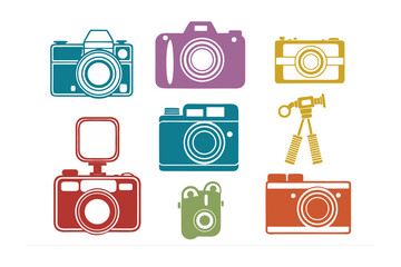 A colorful collection of vintage and modern camera illustrations on a white background