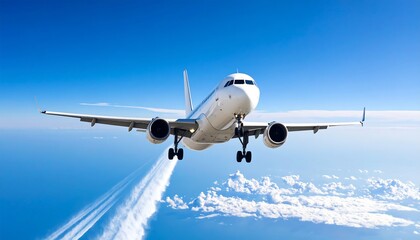 Commercial jet in flight above clouds