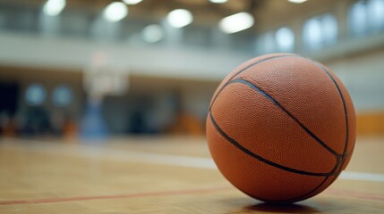 Close-up of a basketball on a wooden floor in a gymnasium