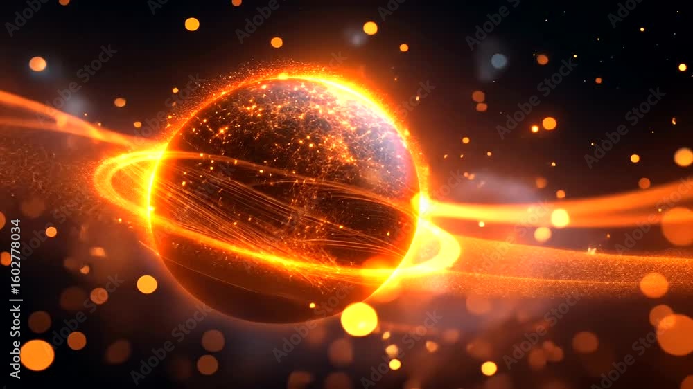 Aufkleber abstract glowing planet orbiting with light trails and sparkling particles