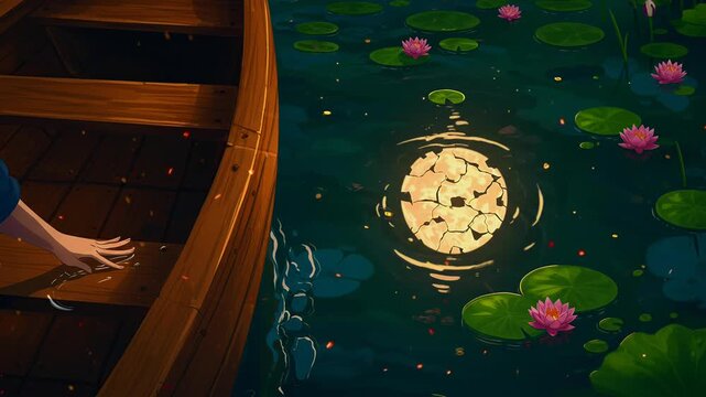 Serene Night Scene: Hand Reaching Towards Glowing Moon Reflection in Dark Water with Lily Pads