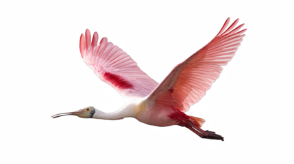 Roseate spoonbill soars elegantly across the black background, showcasing its unique pink plumage and graceful flight in nature.