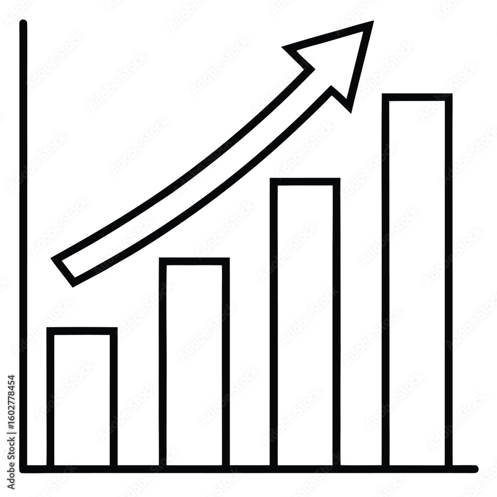 Poster simple line drawing of a bar chart showing upward trend with an arrow indicating growth and success