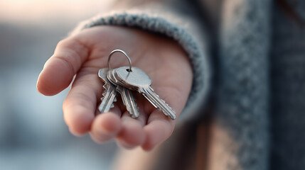 Close up of a hand holding a set of house keys - symbol of home ownership or real estate